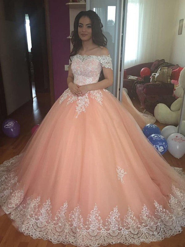 Ball Gown Sleeveless Off-the-Shoulder Court Train Tulle Lace Dresses HEP0002108
