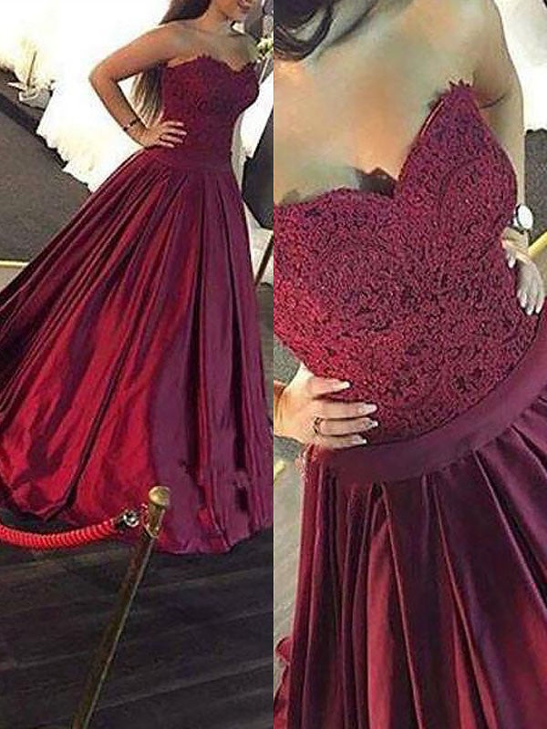 Ball Gown Sleeveless Sweetheart Lace Floor-Length Satin Dresses HEP0001924