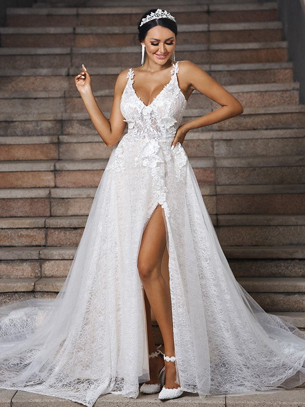 A-Line/Princess Lace Applique V-neck Sleeveless Sweep/Brush Train Wedding Dresses HEP0006048
