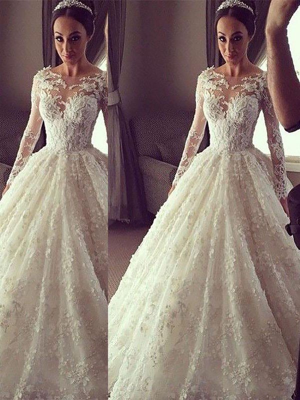 Ball Gown Long Sleeves Scoop Court Train Lace Wedding Dresses HEP0006107