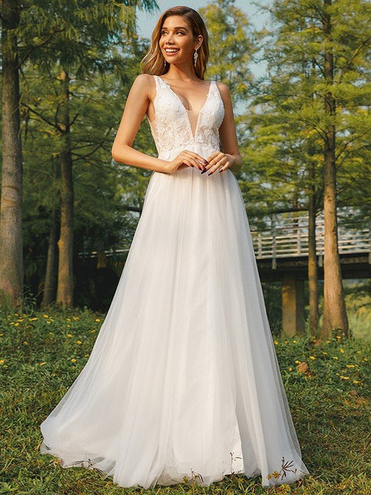 A-Line/Princess Tulle Applique V-neck Sleeveless Sweep/Brush Train Wedding Dresses HEP0006365