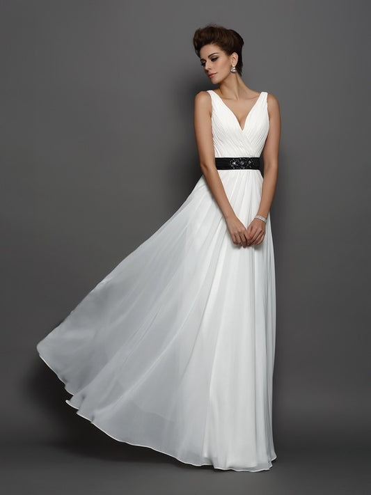 A-Line/Princess V-neck Sash/Ribbon/Belt Sleeveless Long Chiffon Wedding Dresses HEP0006331
