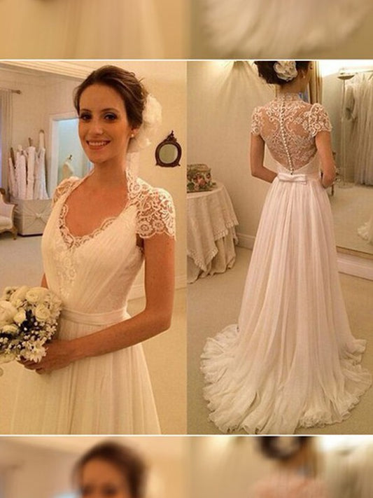 A-Line/Princess V-neck Sweep/Brush Train Sleeveless Lace Chiffon Wedding Dresses HEP0006345