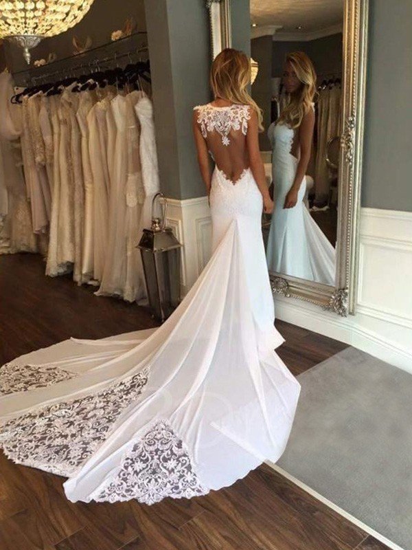 Trumpet/Mermaid Sleeveless Sweetheart Applique Cathedral Train Lace Wedding Dresses HEP0006215