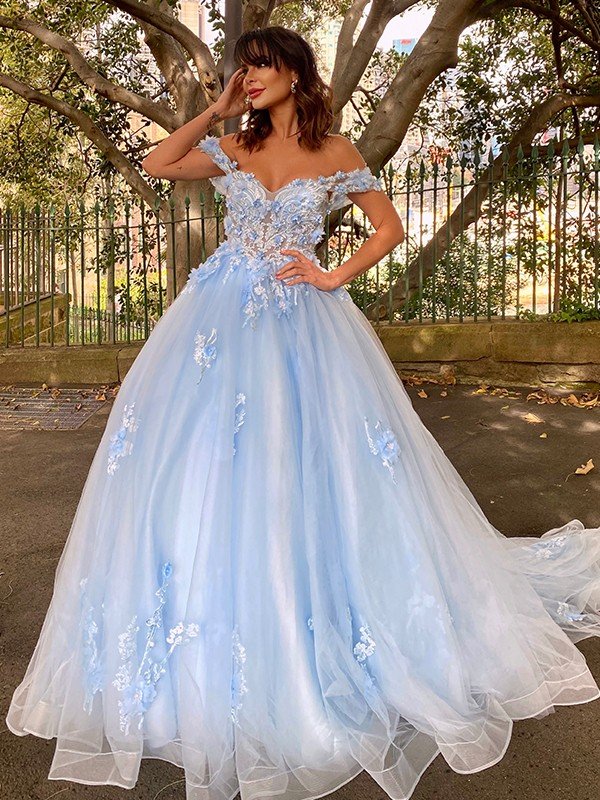 Ball Gown Tulle Applique Off-the-Shoulder Sleeveless Sweep/Brush Train Dresses HEP0001427