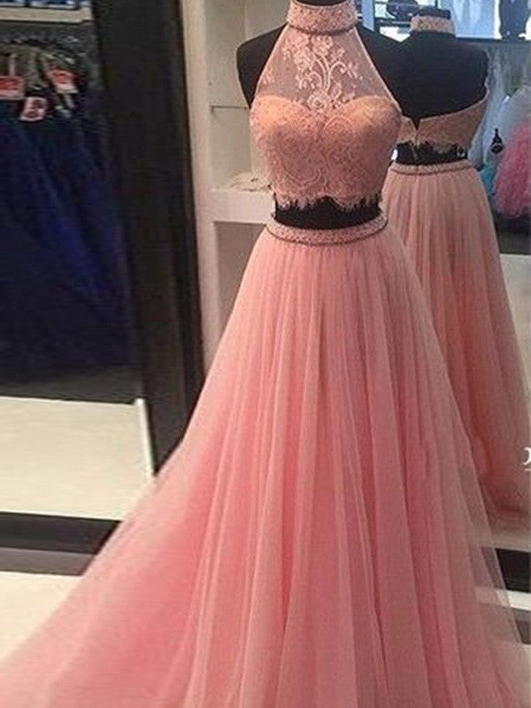 A-Line/Princess Sleeveless High Neck Tulle Lace Floor-Length Two Piece Dresses HEP0002133