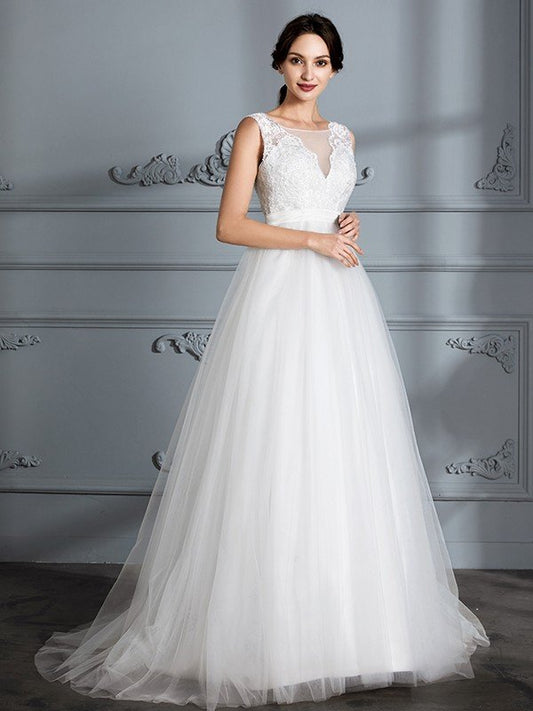 A-Line/Princess Sleeveless V-neck Sweep/Brush Train Tulle Wedding Dresses HEP0006437