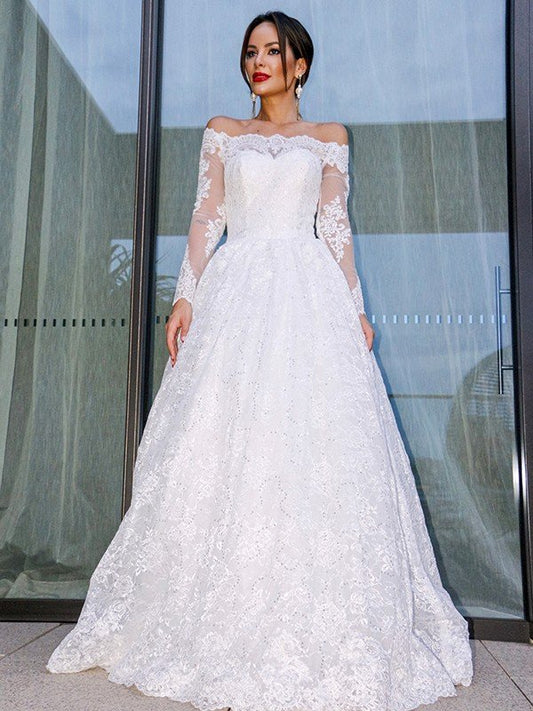 Ball Gown Bateau Long Sleeves Lace Floor-Length Wedding Dresses HEP0006346