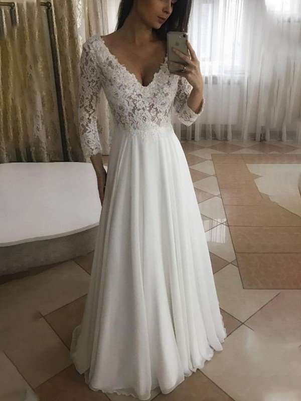 A-Line/Princess Chiffon Applique 3/4 Sleeves V-neck Floor-Length Wedding Dresses HEP0006038