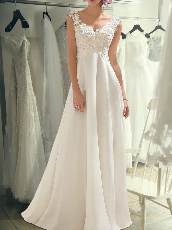 Empire Sleeveless Floor-Length V-neck Lace Chiffon Wedding Dresses HEP0006438