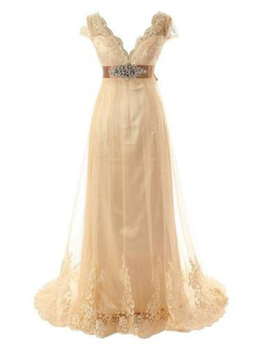 A-Line/Princess Short Sleeves V-neck Sweep/Brush Train Beading Lace Tulle Wedding Dresses HEP0006382