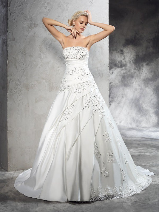 Ball Gown Strapless Beading Sleeveless Long Satin Wedding Dresses HEP0006385