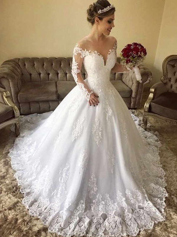 Ball Gown Off-the-Shoulder Long Sleeves Sweep/Brush Train Lace Tulle Wedding Dresses HEP0006406