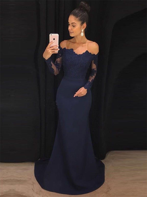 Trumpet/Mermaid Off-the-Shoulder Long Sleeves Sweep/Brush Train Lace Stretch Crepe Dresses HEP0001690
