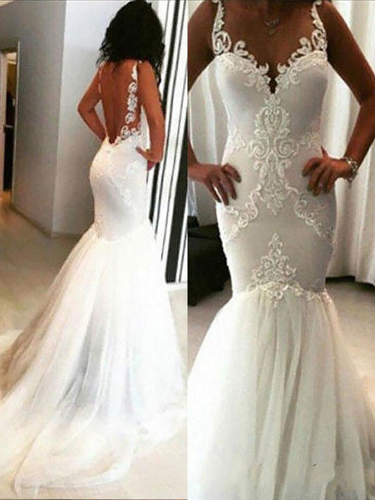 Trumpet/Mermaid Chapel Train Applique Spaghetti Straps Sleeveless Tulle Wedding Dresses HEP0006357