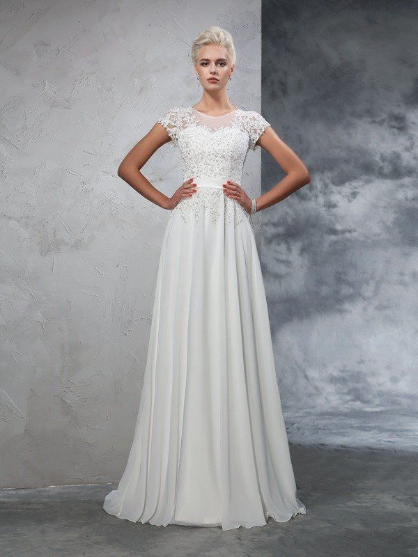 A-Line/Princess Sheer Neck Applique Short Sleeves Long Chiffon Wedding Dresses HEP0006193