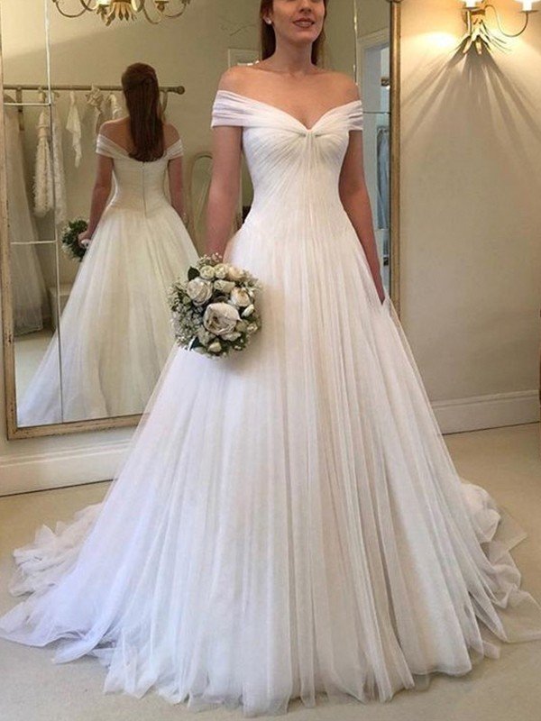 A-Line/Princess Off-the-Shoulder Sleeveless Sweep/Brush Train Ruched Tulle Wedding Dresses HEP0006349