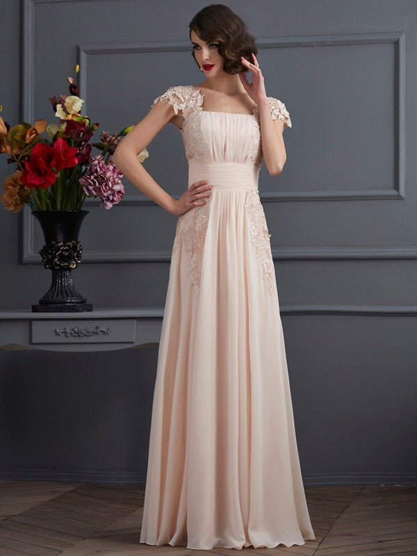 A-Line/Princess Square Short Sleeves Lace Long Chiffon Dresses HEP0002685