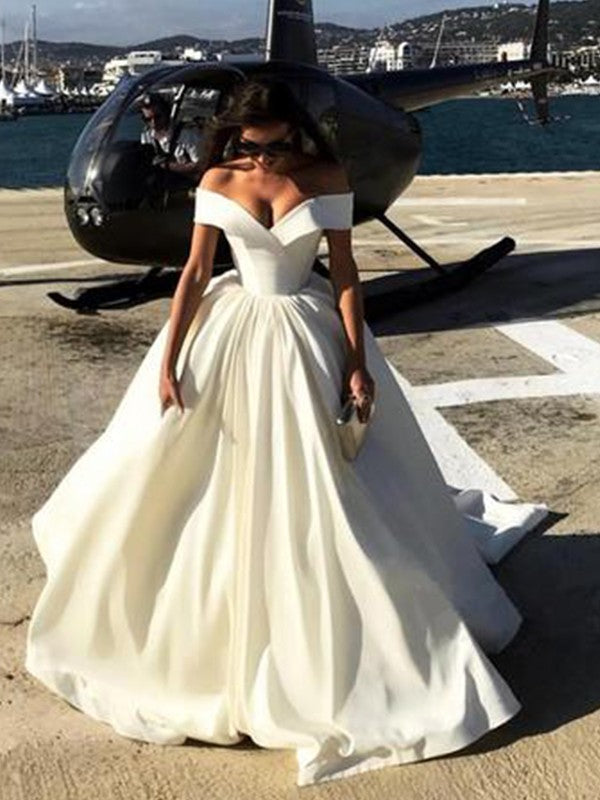 Ball Gown Off-the-Shoulder Court Train Satin Wedding Dresses HEP0005960