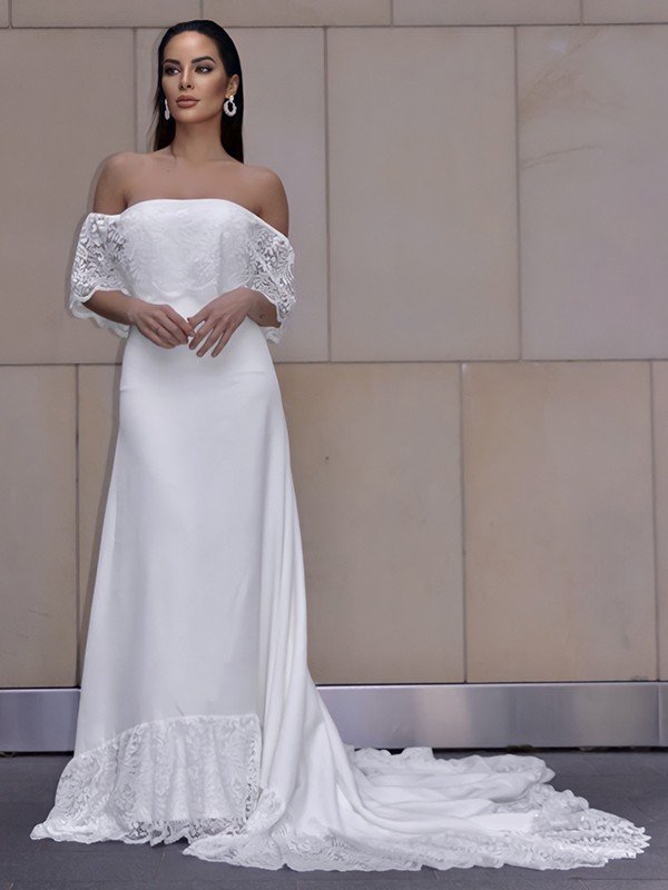 Sheath/Column Lace Ruffles Off-the-Shoulder Short Sleeves Sweep/Brush Train Wedding Dresses HEP0006510
