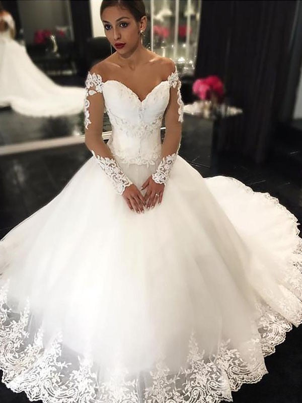 Ball Gown Applique Long Sleeves Tulle Off-the-Shoulder Court Train Wedding Dresses HEP0006112