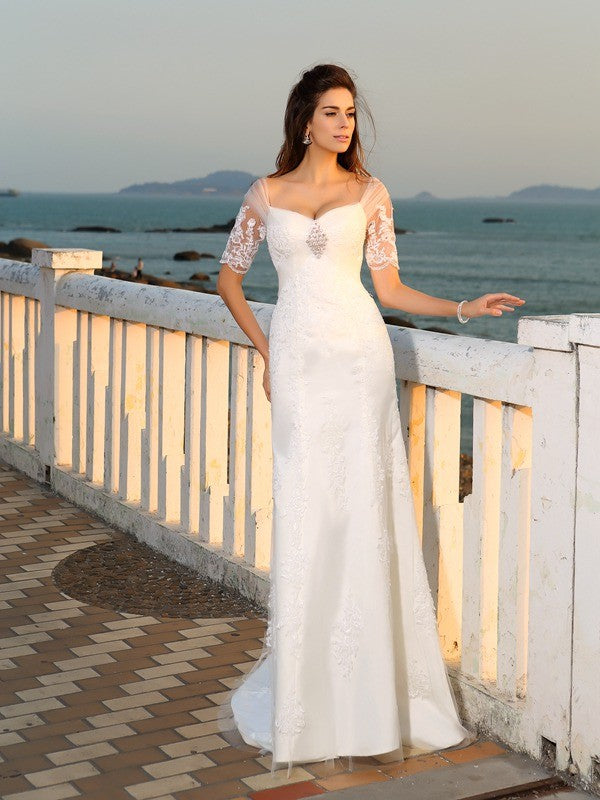 Sheath/Column Sweetheart Applique Short Sleeves Long Satin Beach Wedding Dresses HEP0006235