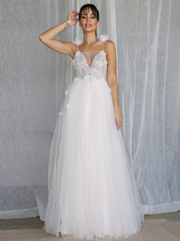 A-Line/Princess V-neck Beading Sleeveless Tulle Floor-Length Wedding Dresses HEP0006108