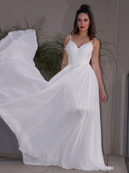A-Line/Princess Applique Chiffon V-neck Sleeveless Sweep/Brush Train Wedding Dresses HEP0006445