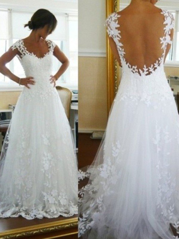 A-Line/Princess V-neck Sweep/Brush Train Lace Sleeveless Tulle Wedding Dresses HEP0006075