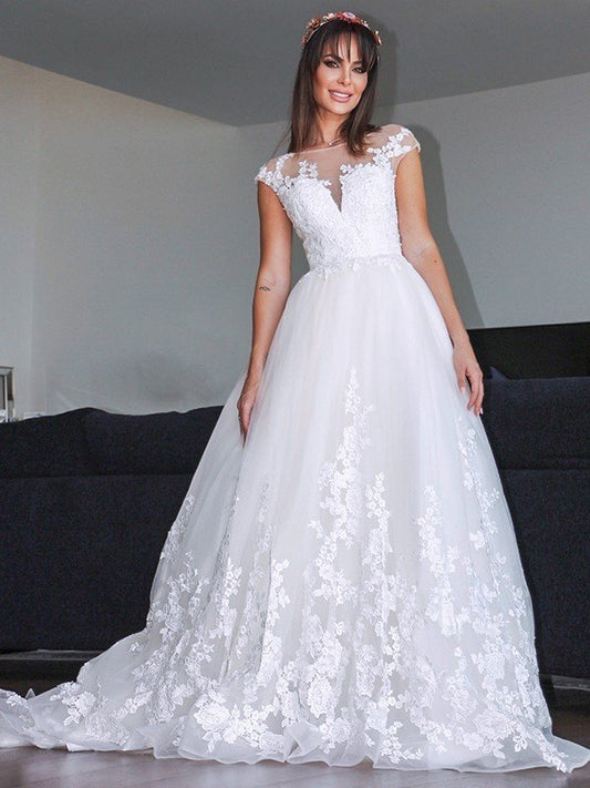 A-Line/Princess Tulle Applique V-neck Sleeveless Court Train Wedding Dresses HEP0006412