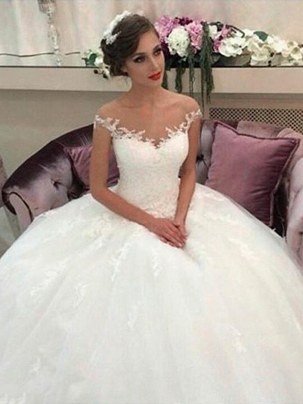 Ball Gown Off-the-Shoulder Court Train Tulle Sleeveless Wedding Dresses HEP0006253