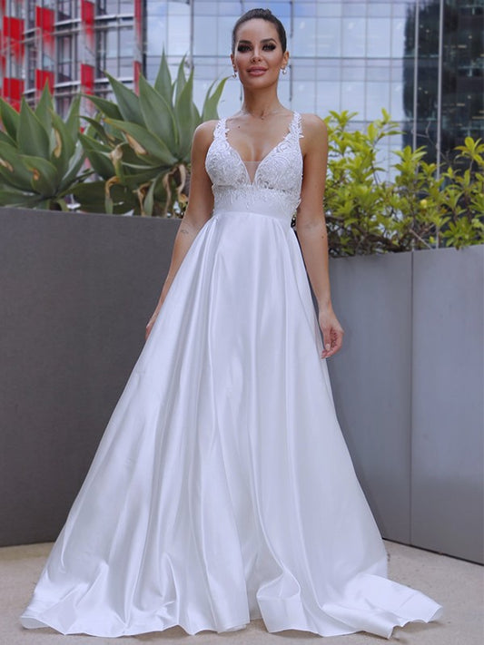 A-Line/Princess V-neck Satin Applique Sleeveless Sweep/Brush Train Wedding Dresses HEP0006405