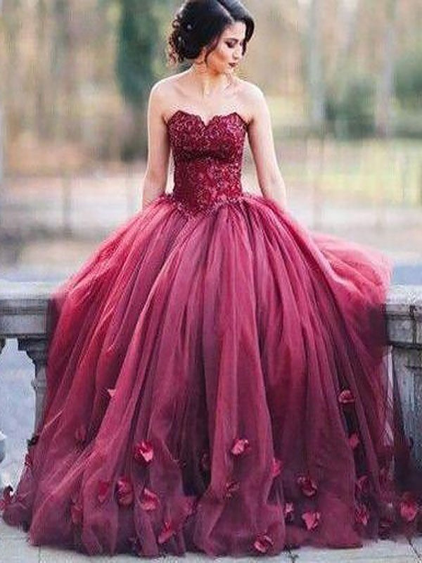 Ball Gown Sleeveless Sweetheart Applique Floor-Length Tulle Dresses HEP0001811
