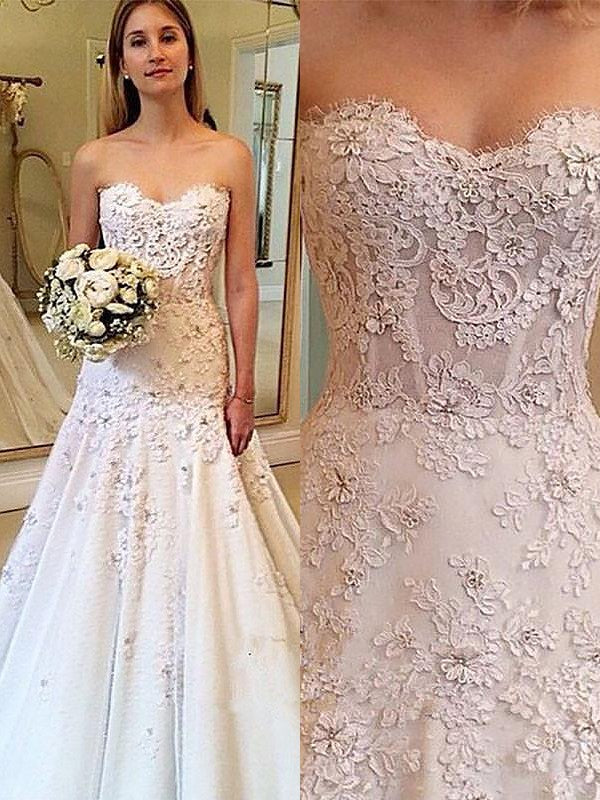 A-Line/Princess Sweetheart Lace Court Train Sleeveless Wedding Dresses HEP0006451