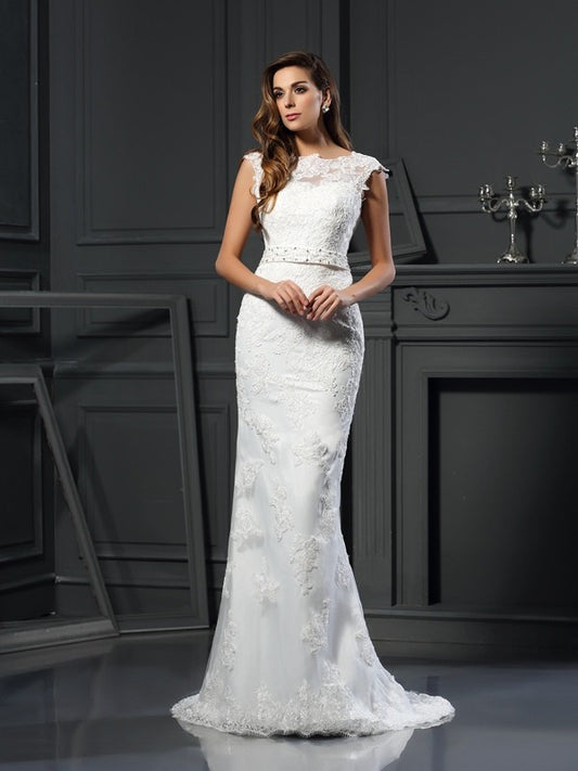 A-Line/Princess Bateau Lace Sleeveless Long Satin Wedding Dresses HEP0006429