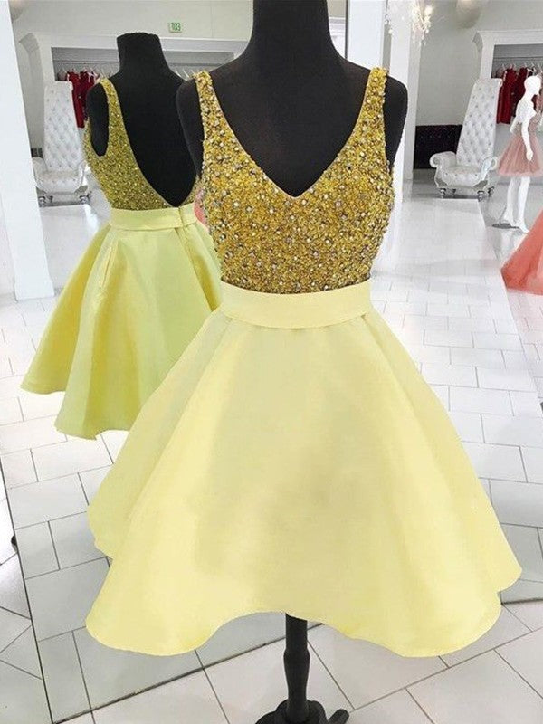 A-Line V-neck Cut Short With Beading Satin Yellow Homecoming Dresses HEP0008705