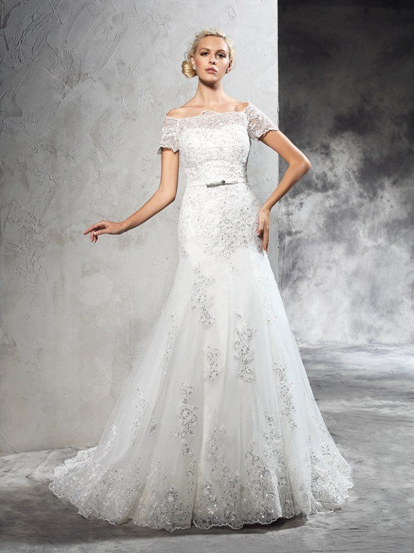 Sheath/Column Off-the-Shoulder Applique Short Sleeves Long Net Wedding Dresses HEP0006450