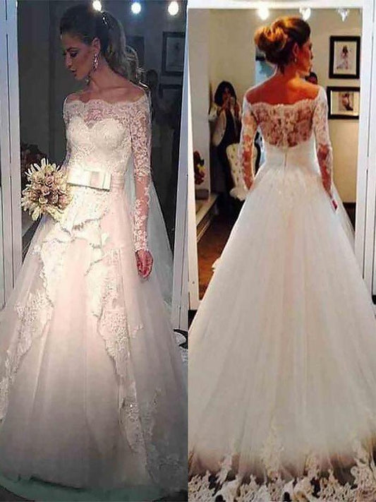 Ball Gown Tulle Long Sleeves Off-the-Shoulder Sweep/Brush Train Wedding Dresses HEP0006381