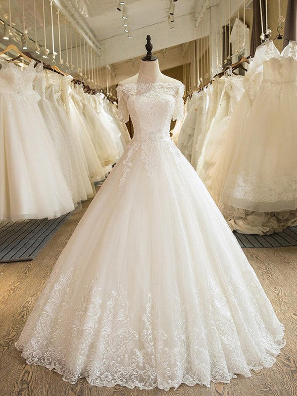 Ball Gown 1/2 Sleeves Off-the-Shoulder Floor-Length Applique Lace Tulle Wedding Dresses HEP0006322
