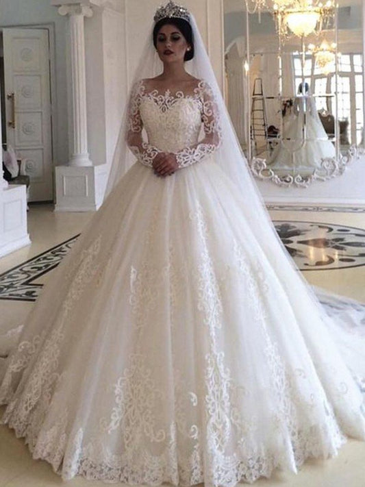 Ball Gown Tulle Applique Off-the-Shoulder Long Sleeves Sweep/Brush Train Wedding Dresses HEP0006415