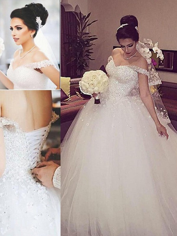 Ball Gown Off-the-Shoulder Sleeveless Lace Court Train Tulle Wedding Dresses HEP0005954