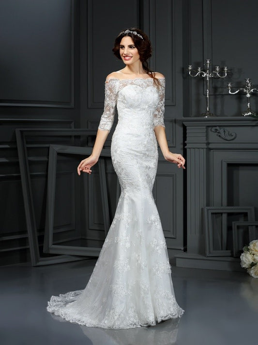 Sheath/Column Off-the-Shoulder Lace 1/2 Sleeves Long Lace Wedding Dresses HEP0006408