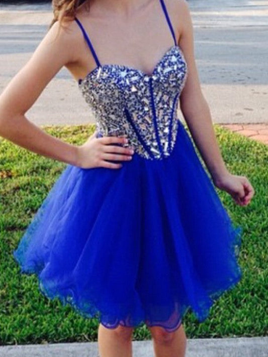 A-Line/Princess Sleeveless Sweetheart Beading Tulle Lacey Homecoming Dresses Short/Mini Dresses