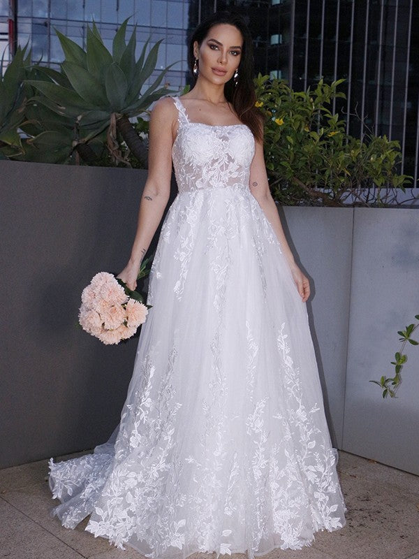 A-Line/Princess Lace Applique Square Sleeveless Sweep/Brush Train Wedding Dresses HEP0006059