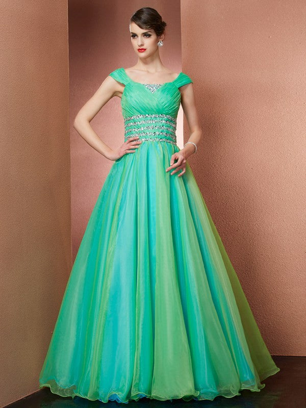 Ball Gown Off the Shoulder Sleeveless Beading Long Satin Quinceanera Dresses HEP0009098