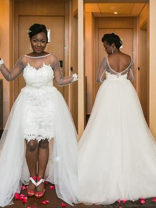 A-Line/Princess Scoop Court Train Tulle Long Sleeves Wedding Dresses HEP0006350