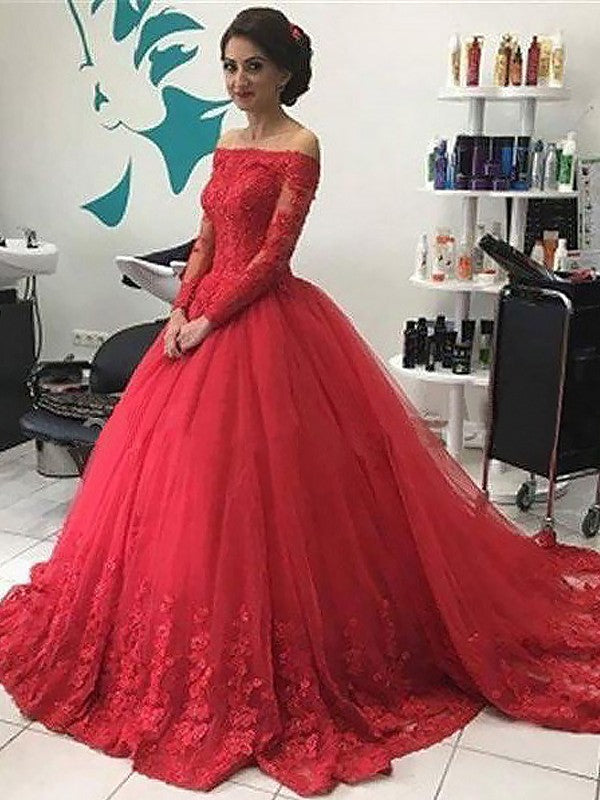 Ball Gown Off-the-Shoulder Long Sleeves Lace Tulle Court Train Dresses HEP0001514