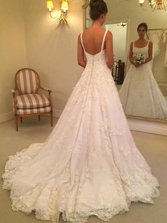 A-Line/Princess Sleeveless Straps Square Court Train Applique Lace Wedding Dresses HEP0006364