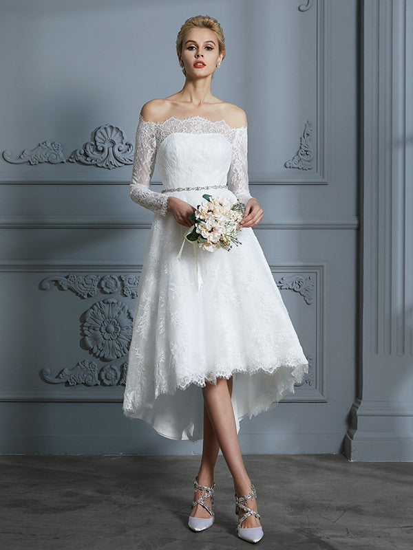 A-Line/Princess Long Sleeves Off-the-Shoulder Asymmetrical Lace Wedding Dresses HEP0006338