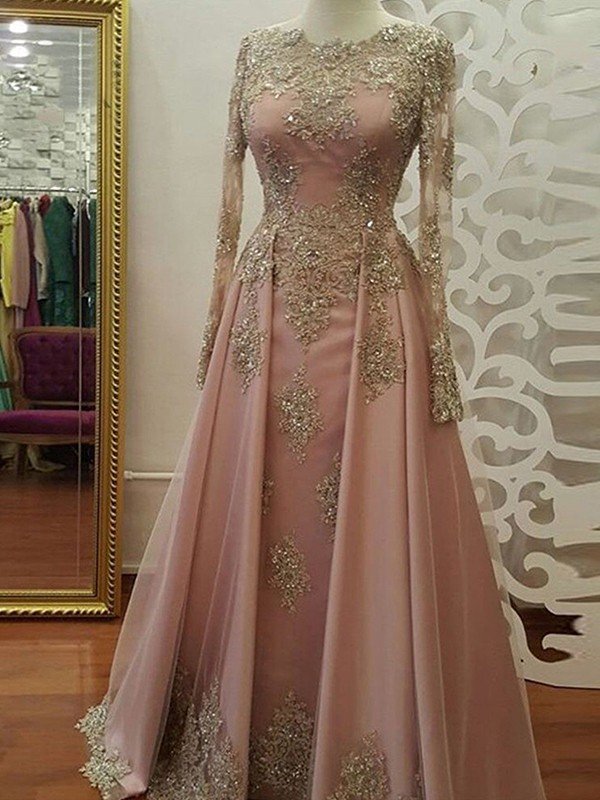 A-Line/Princess Long Sleeves Scoop Floor-Length Applique Tulle Muslim Dresses HEP0001674